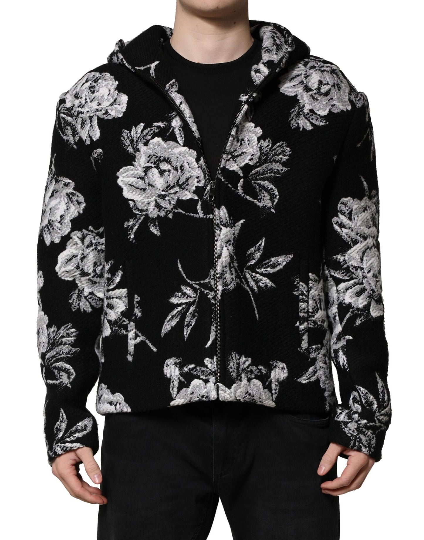 Dolce &amp; Gabbana – Schwarze Wolljacke mit Blumenmuster für Herren
