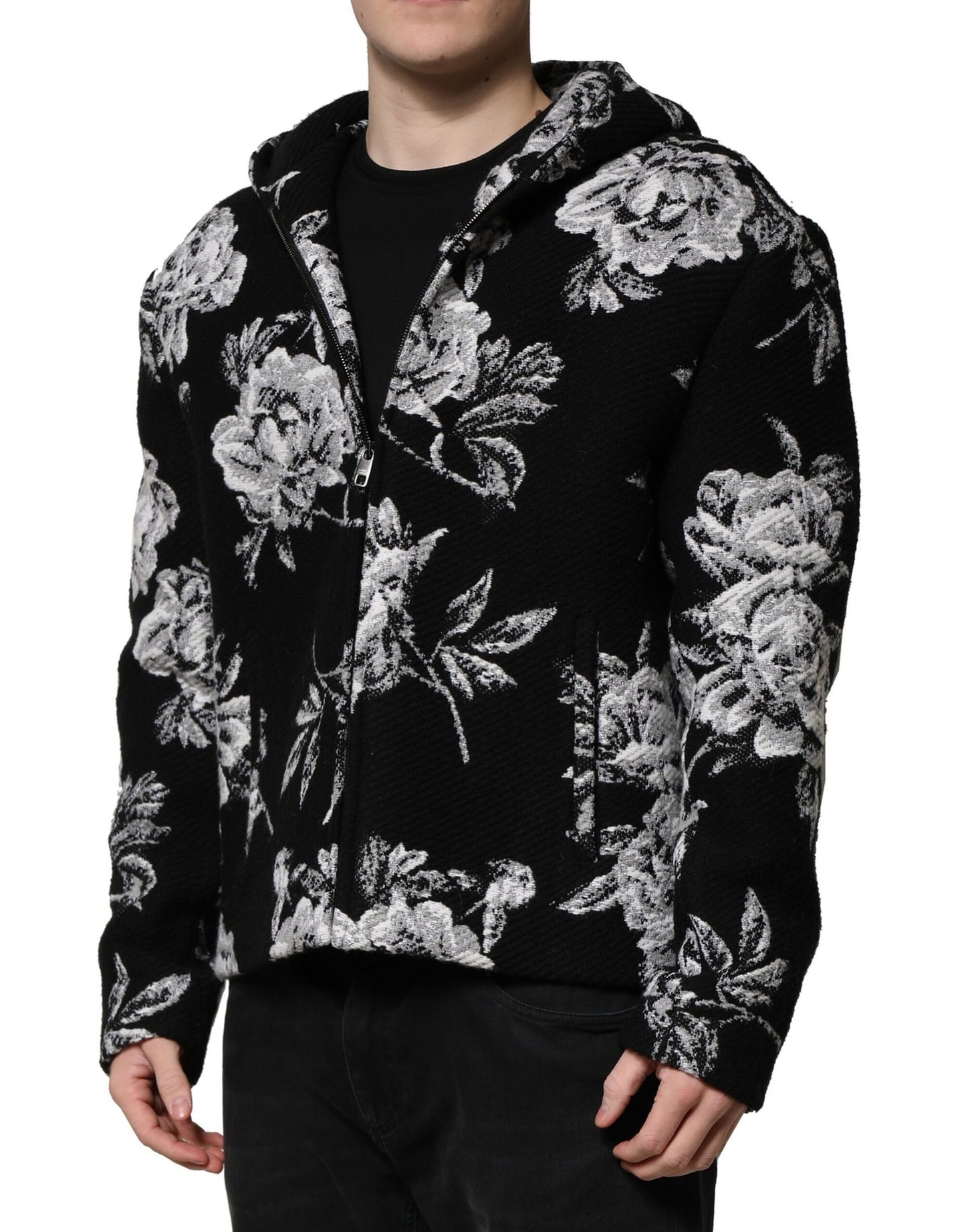 Dolce &amp; Gabbana – Schwarze Wolljacke mit Blumenmuster für Herren