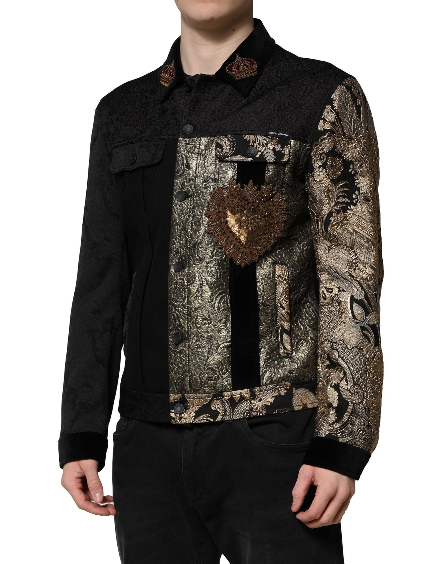 Dolce &amp; Gabbana – Schwarz-goldene Jacquard-Bikerjacke für Herren mit Blumenmuster