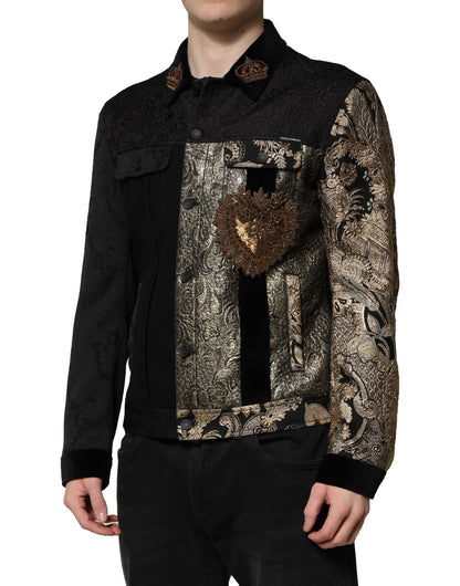 Dolce &amp; Gabbana – Schwarz-goldene Jacquard-Bikerjacke für Herren mit Blumenmuster