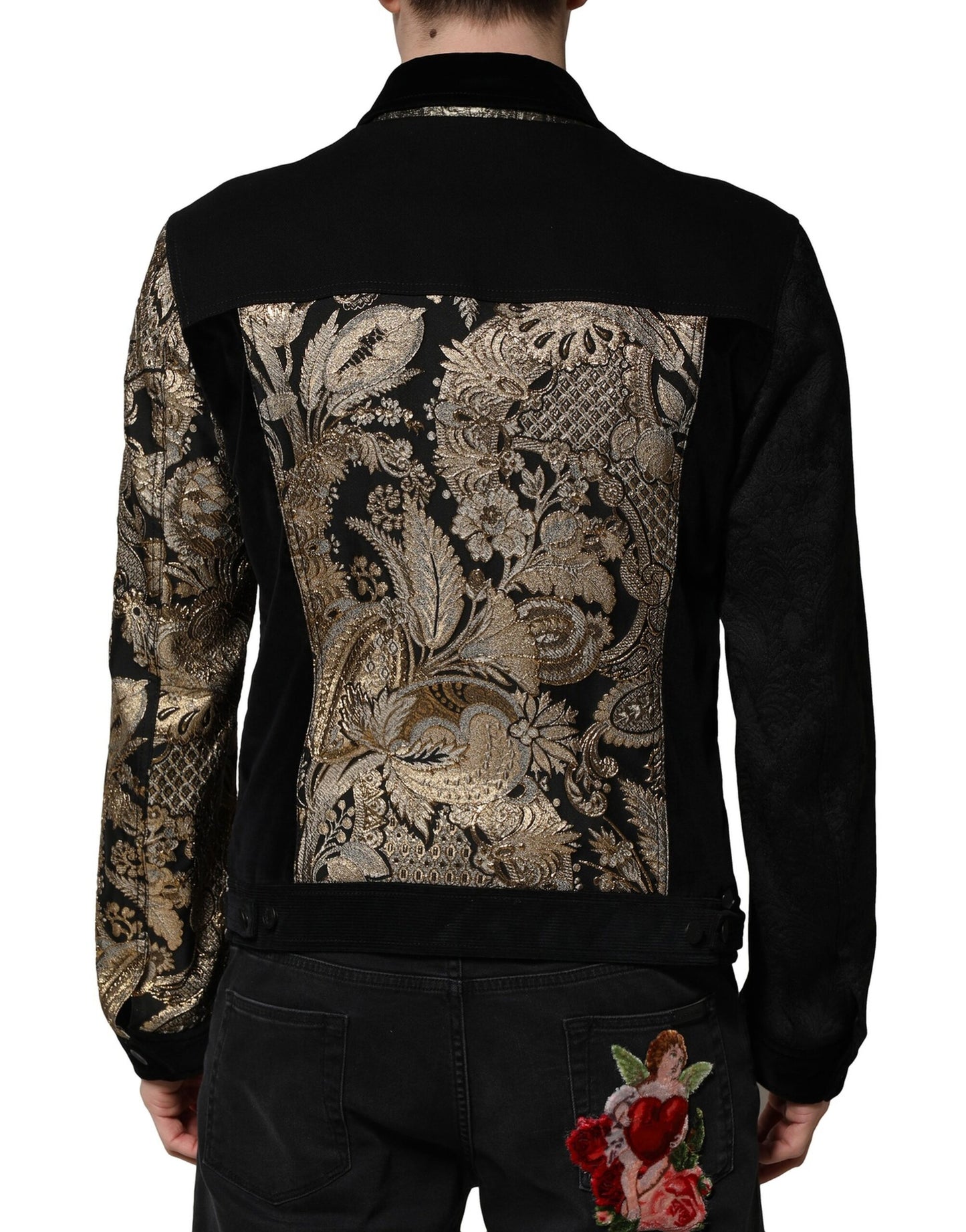 Dolce &amp; Gabbana – Schwarz-goldene Jacquard-Bikerjacke für Herren mit Blumenmuster