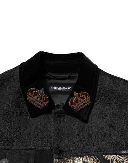 Dolce &amp; Gabbana – Schwarz-goldene Jacquard-Bikerjacke für Herren mit Blumenmuster