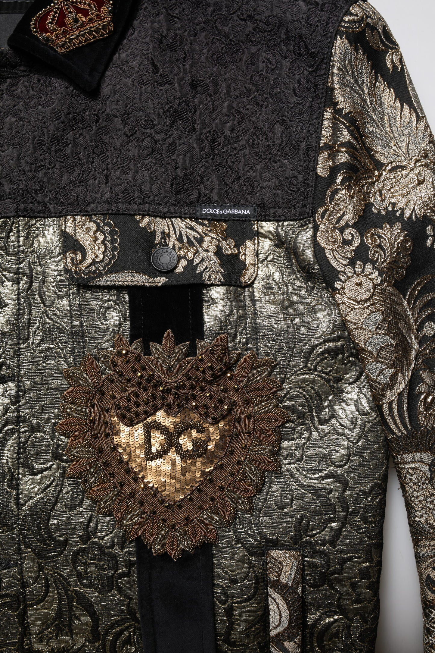 Dolce &amp; Gabbana – Schwarz-goldene Jacquard-Bikerjacke für Herren mit Blumenmuster