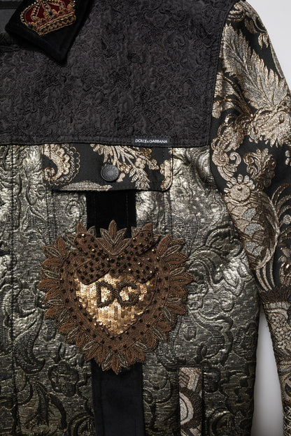 Dolce &amp; Gabbana – Schwarz-goldene Jacquard-Bikerjacke für Herren mit Blumenmuster