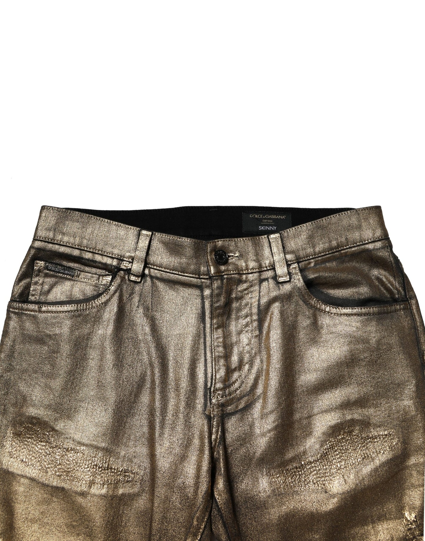 Dolce & Gabbana Gold Tattered Cotton Stretch Slim Denim Jeans