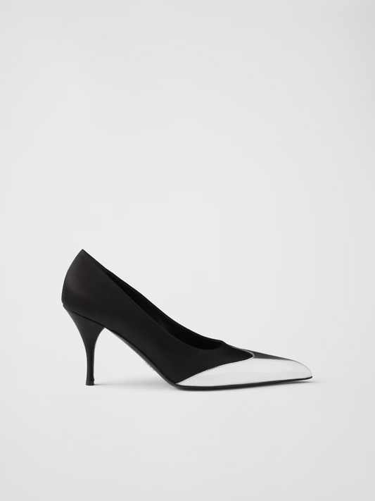 Prada Pumps aus schwarzem Satin und metallischem silbernem Leder