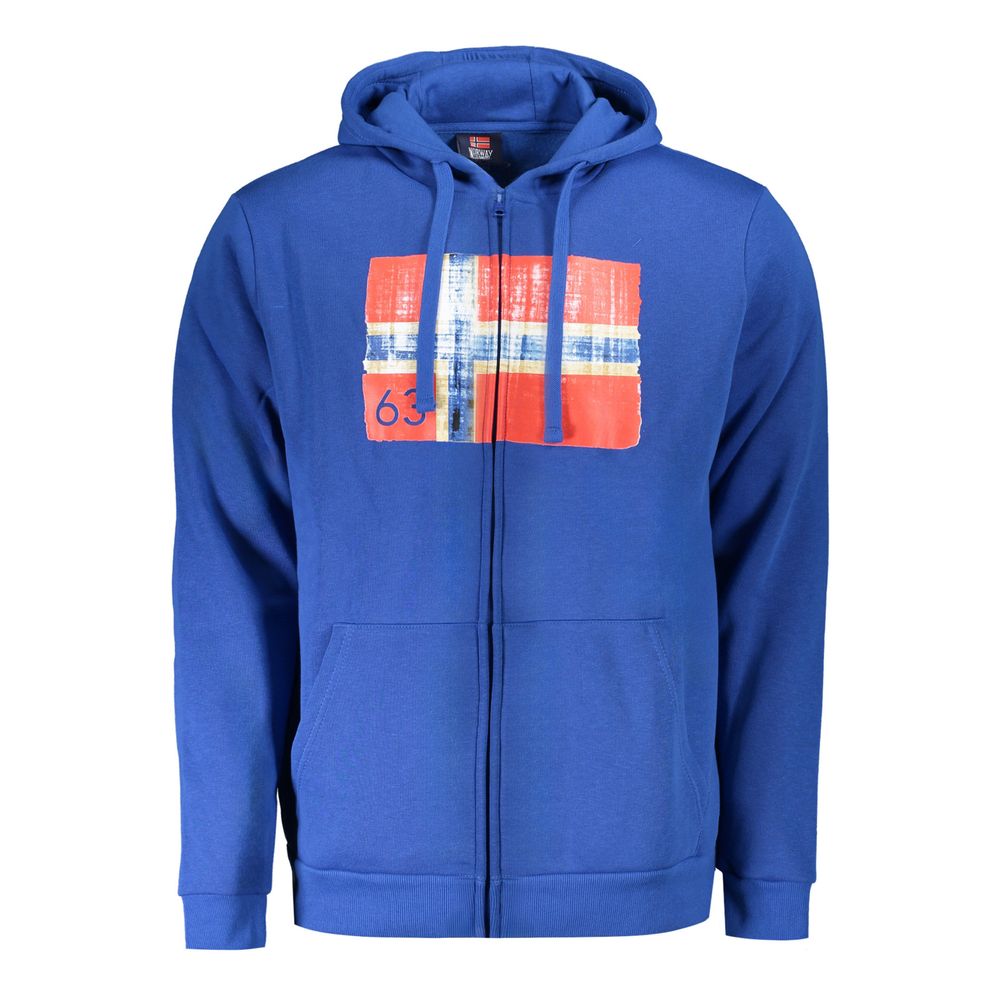 Norwegen 1963 Blauer Baumwollpullover für Herren mit Kapuze und Taschen