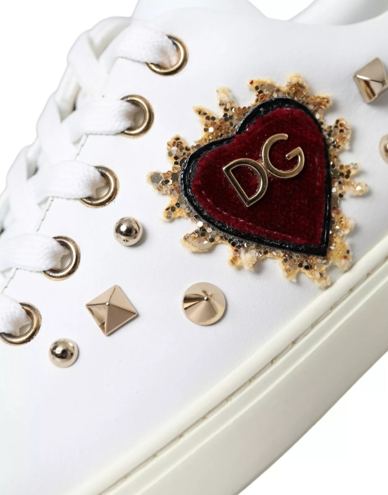 Dolce &amp; Gabbana Weiße Leder Gold Rote Herz Sneakers Schuhe