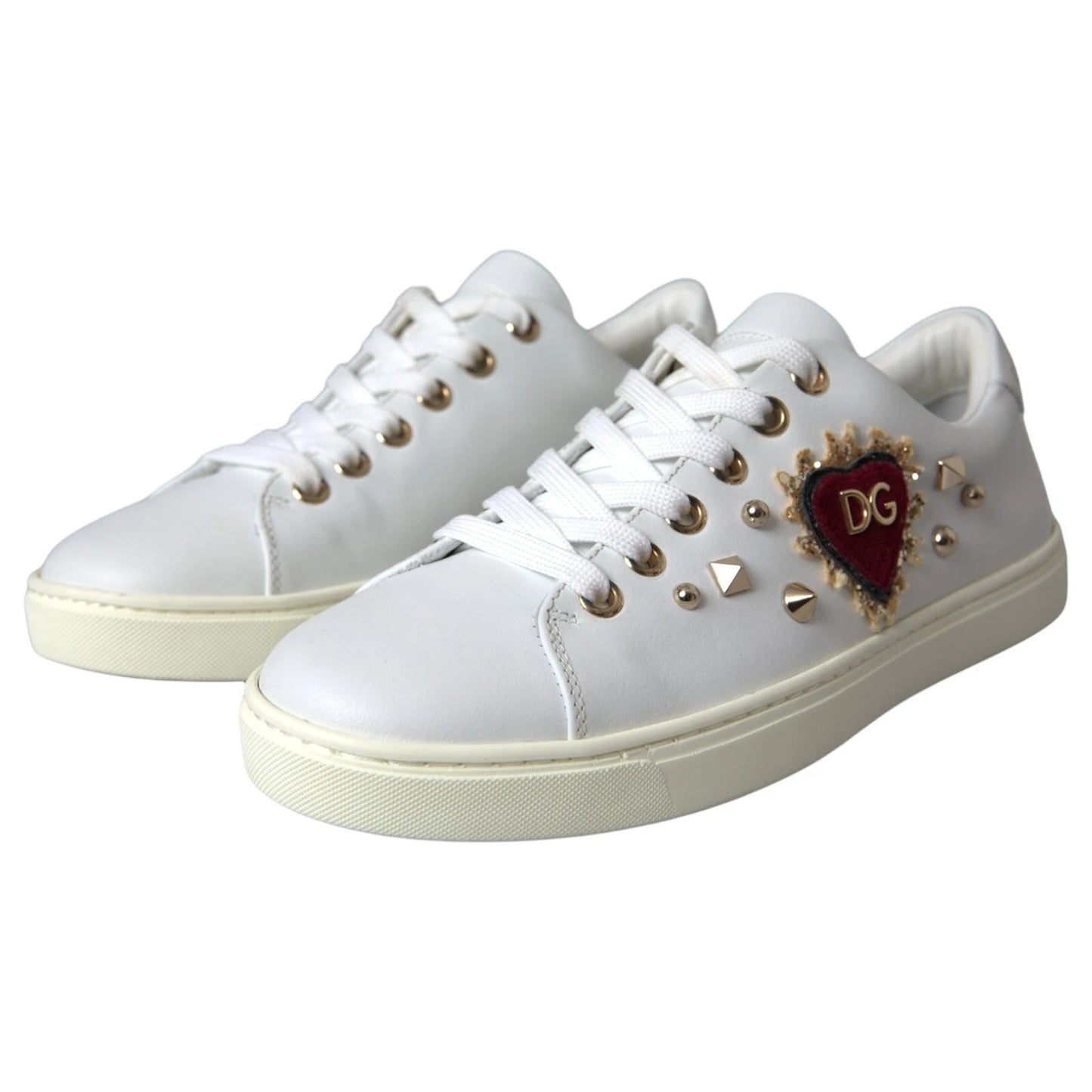 Dolce &amp; Gabbana Weiße Leder Gold Rote Herz Sneakers Schuhe