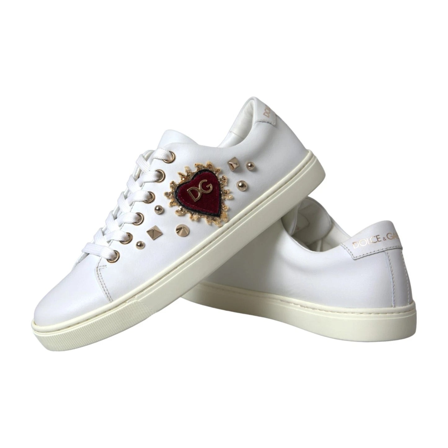 Dolce &amp; Gabbana Weiße Leder Gold Rote Herz Sneakers Schuhe