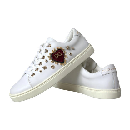 Dolce &amp; Gabbana Weiße Leder Gold Rote Herz Sneakers Schuhe