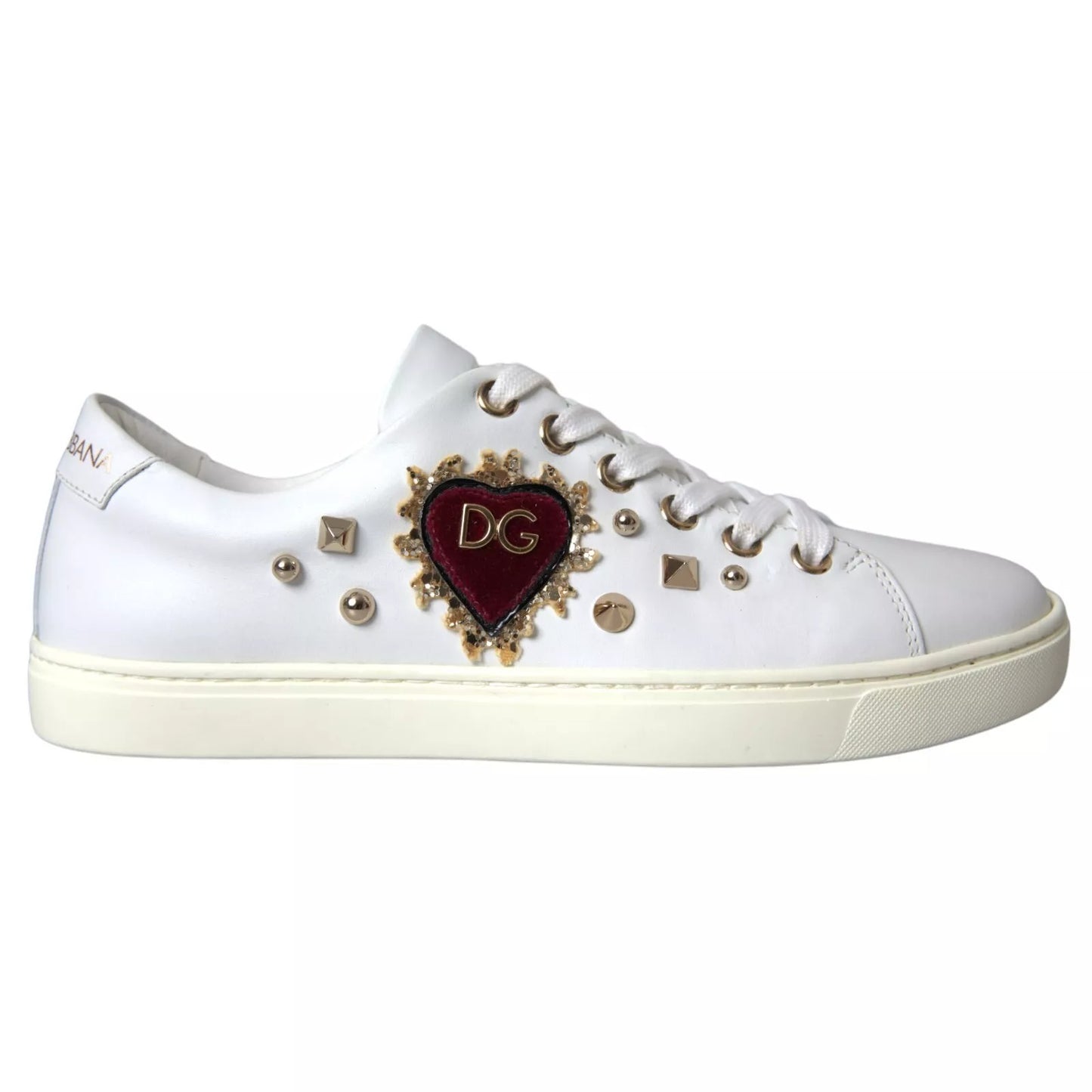Dolce &amp; Gabbana Weiße Leder Gold Rote Herz Sneakers Schuhe