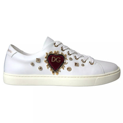 Dolce &amp; Gabbana Weiße Leder Gold Rote Herz Sneakers Schuhe