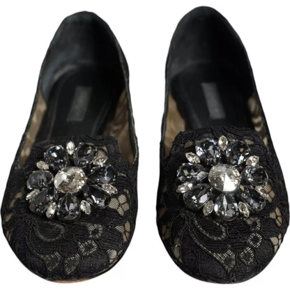 Dolce &amp; Gabbana – Schwarze Ballerinas mit Kristallen aus Spitze und Loafer