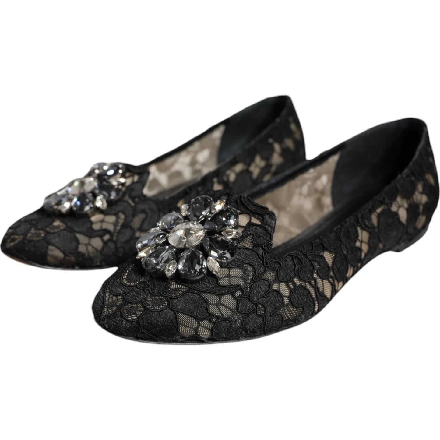 Dolce &amp; Gabbana – Schwarze Ballerinas mit Kristallen aus Spitze und Loafer