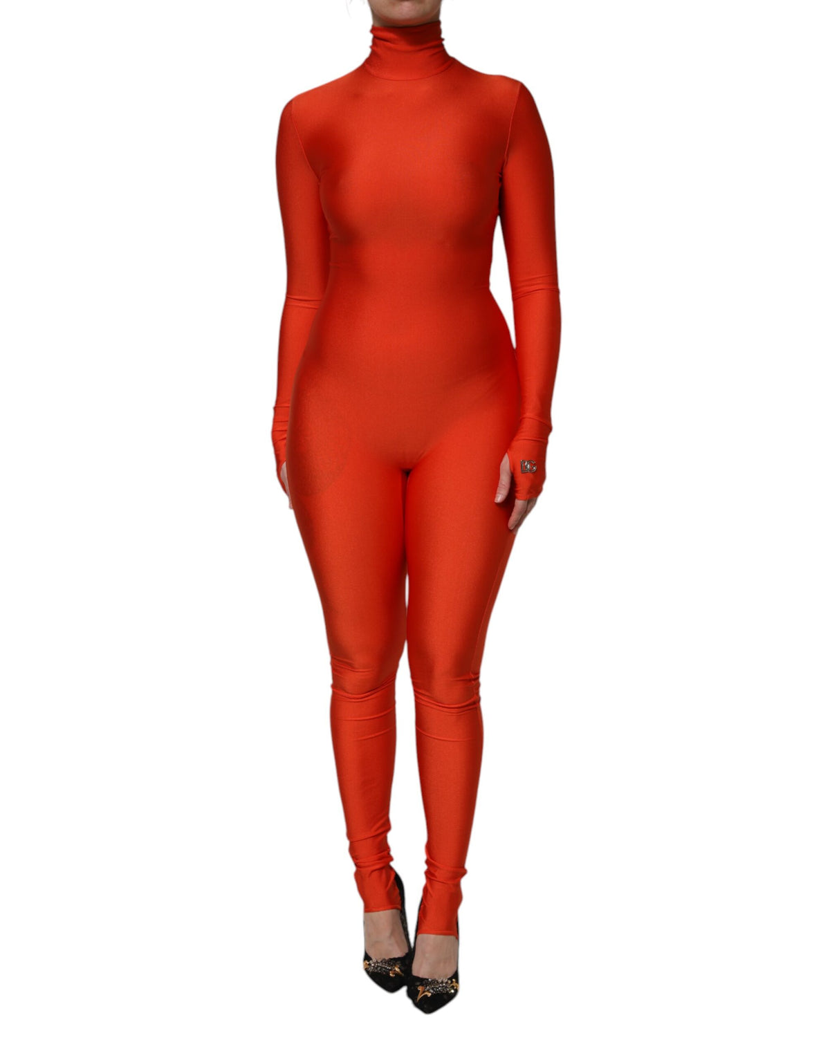 Dolce &amp; Gabbana, rotes, figurbetontes Jumpsuit-Kleid aus Nylon mit Rollkragen