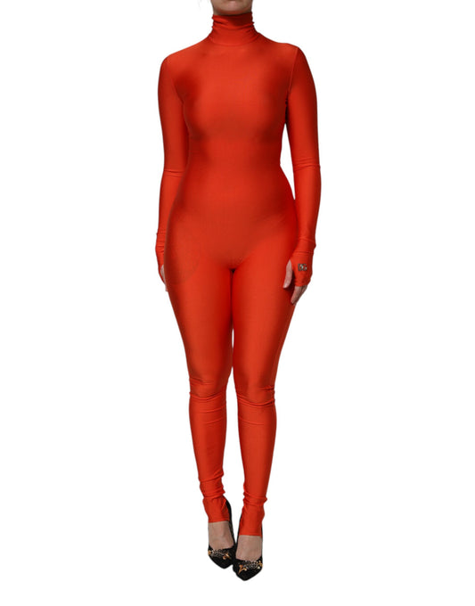 Dolce &amp; Gabbana, rotes, figurbetontes Jumpsuit-Kleid aus Nylon mit Rollkragen