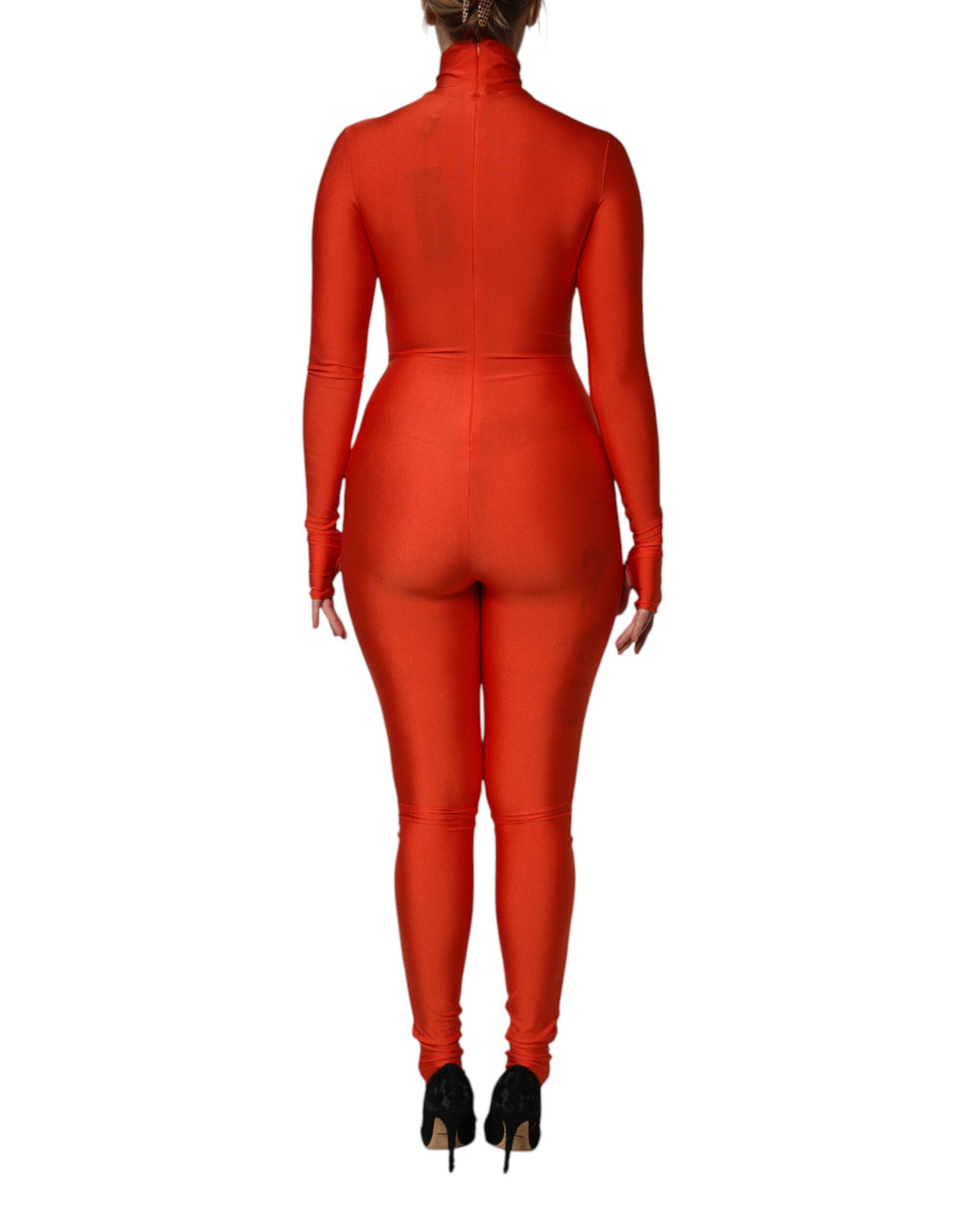 Dolce &amp; Gabbana, rotes, figurbetontes Jumpsuit-Kleid aus Nylon mit Rollkragen