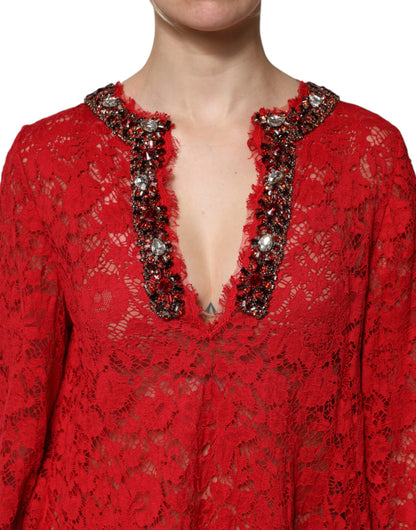 Dolce &amp; Gabbana – Rotes Kleid mit Blumenspitze und Strassverzierung