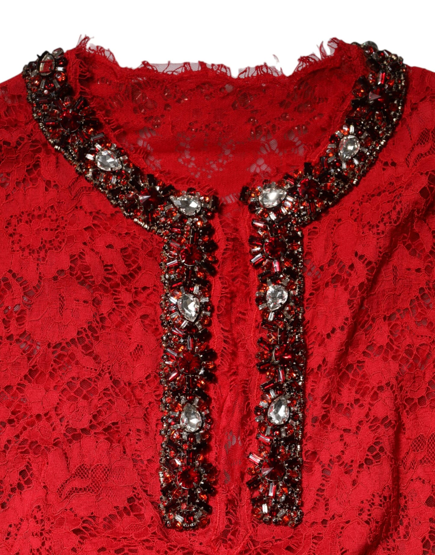 Dolce &amp; Gabbana – Rotes Kleid mit Blumenspitze und Strassverzierung