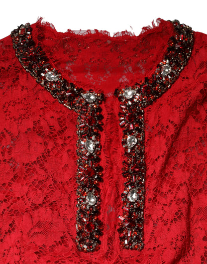 Dolce &amp; Gabbana – Rotes Kleid mit Blumenspitze und Strassverzierung