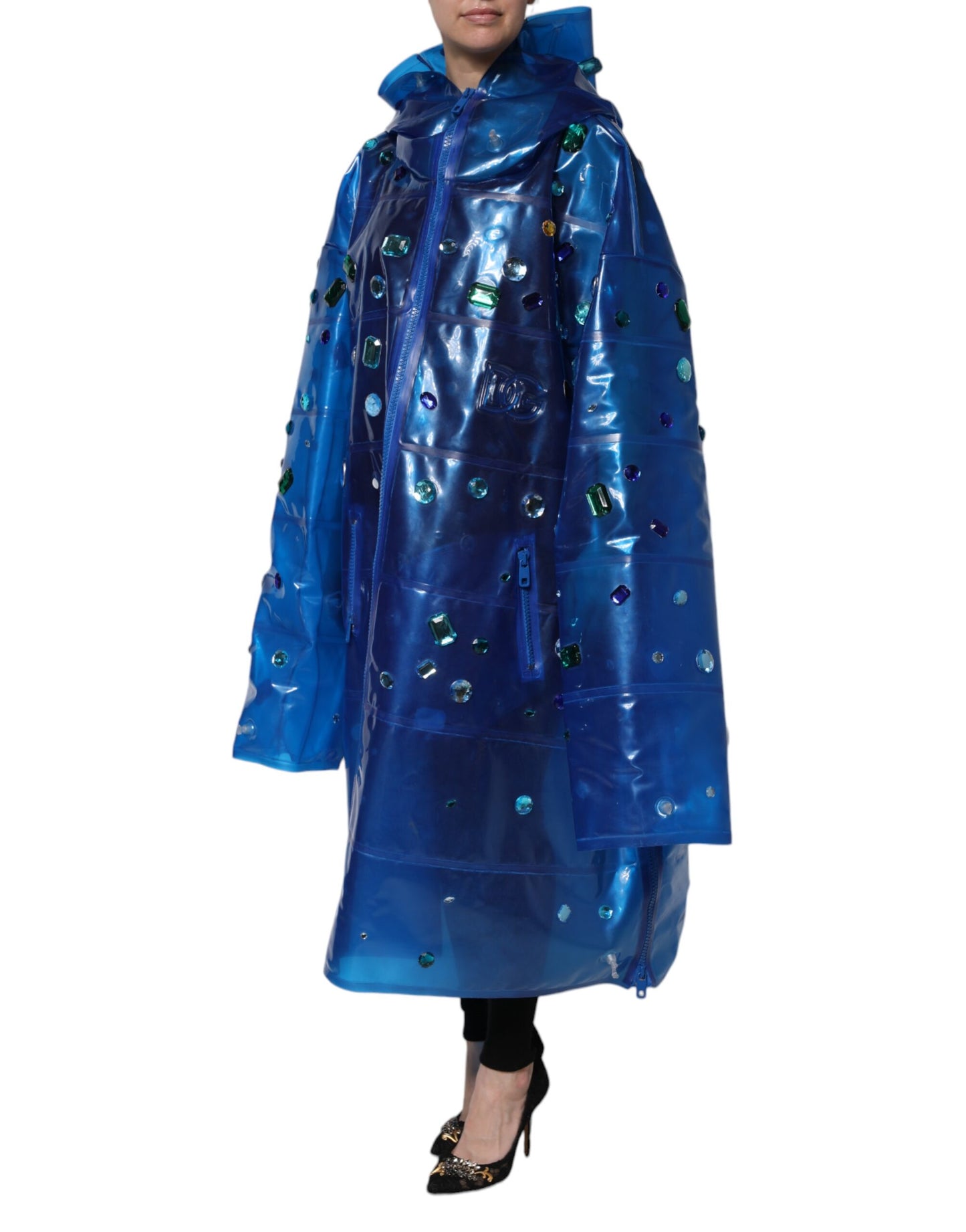 Dolce &amp; Gabbana – Blaue Regenjacke mit Kapuze und Kristallen