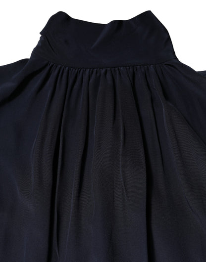 Dolce &amp; Gabbana – Blusentop aus blauer Seide mit Stehkragen und langen Ärmeln