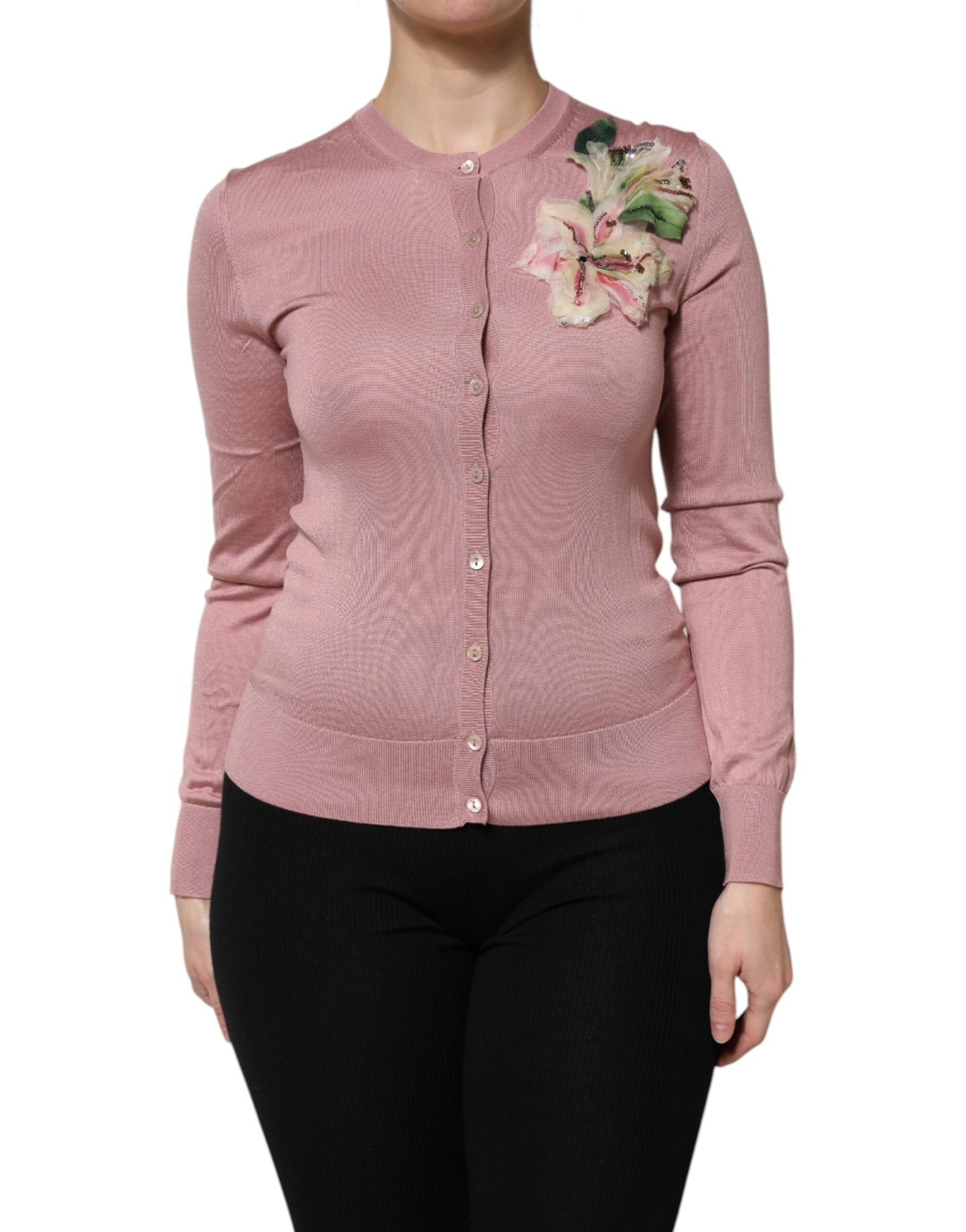 Dolce &amp; Gabbana – Rosa Seidenstrick-Cardigan mit Knopfleiste