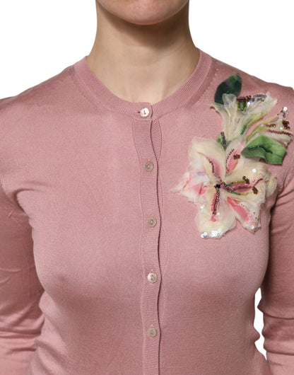 Dolce &amp; Gabbana – Rosa Seidenstrick-Cardigan mit Knopfleiste