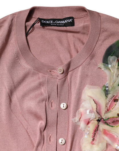 Dolce &amp; Gabbana – Rosa Seidenstrick-Cardigan mit Knopfleiste