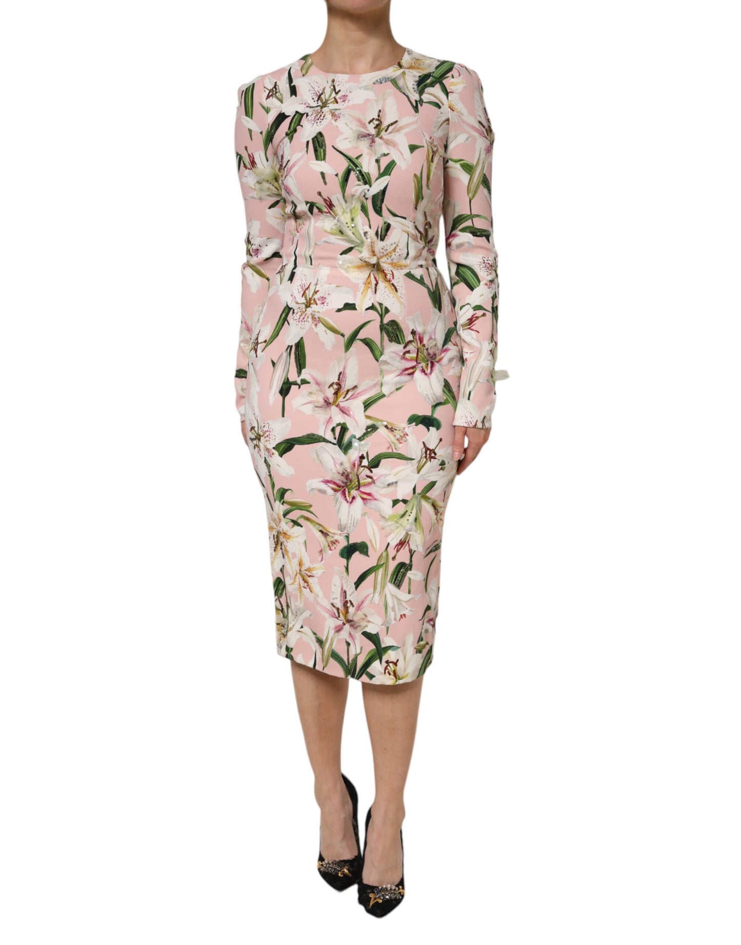 Dolce &amp; Gabbana Pink Lily Viskose-Etuikleid mit Stretch-Midi