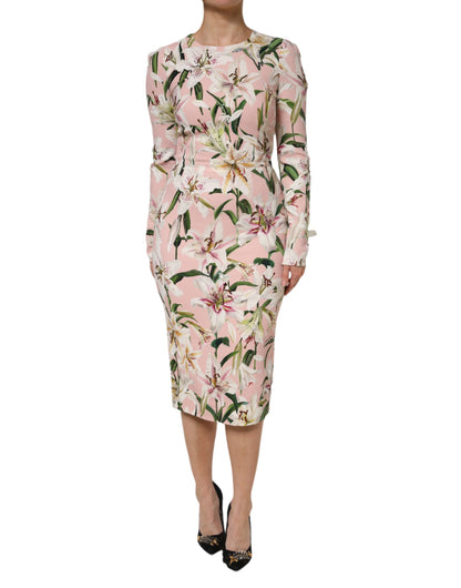 Dolce &amp; Gabbana Pink Lily Viskose-Etuikleid mit Stretch-Midi