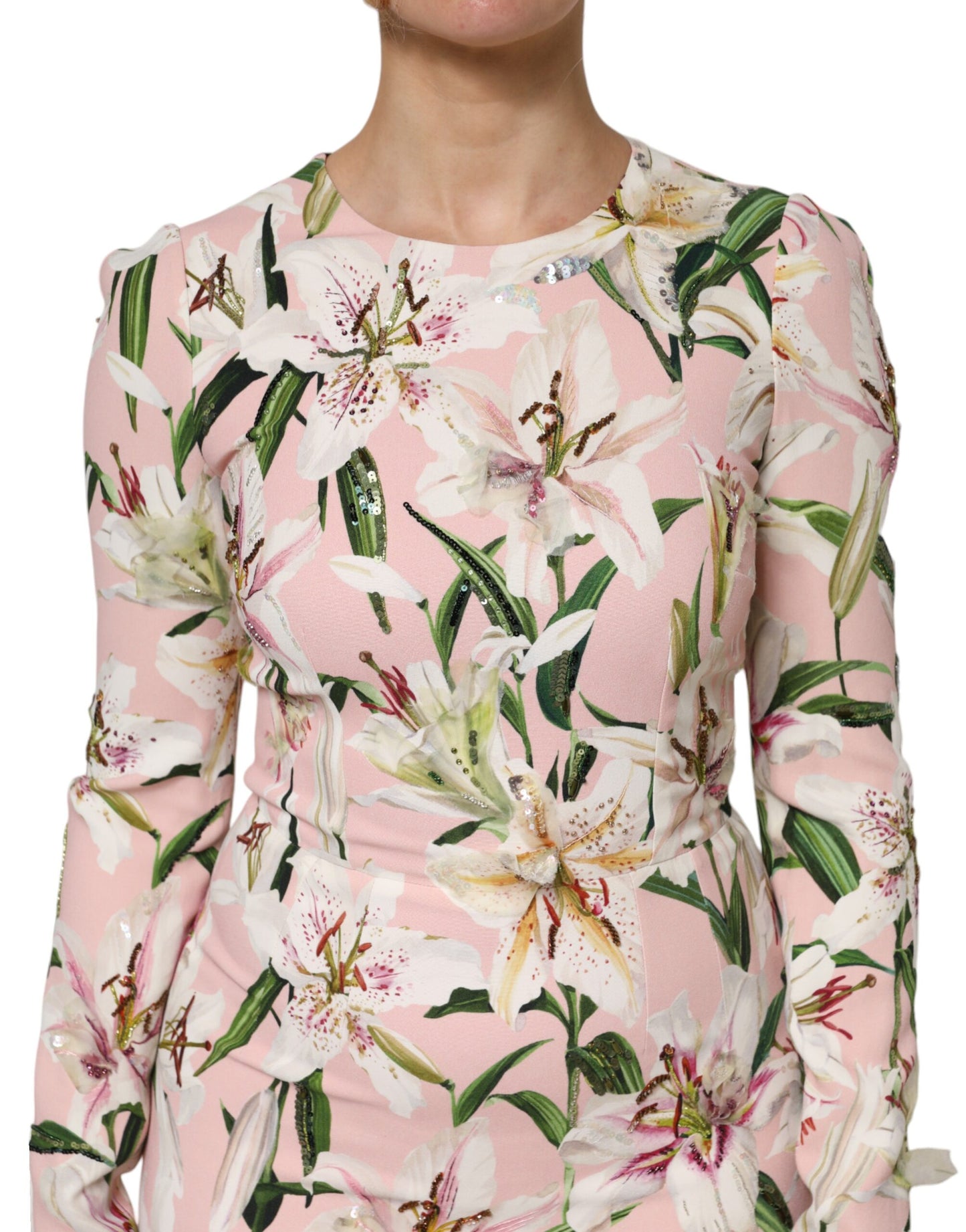 Dolce &amp; Gabbana Pink Lily Viskose-Etuikleid mit Stretch-Midi