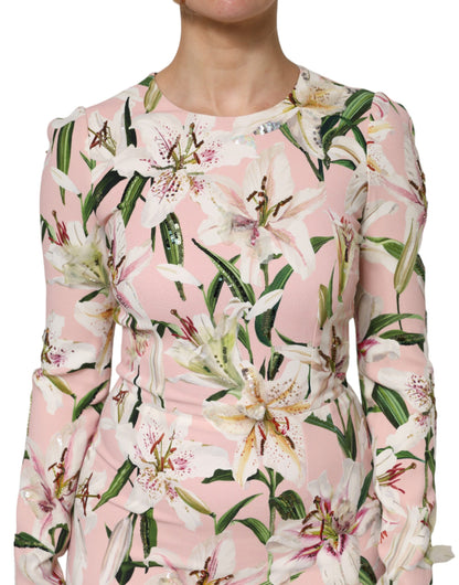Dolce &amp; Gabbana Pink Lily Viskose-Etuikleid mit Stretch-Midi