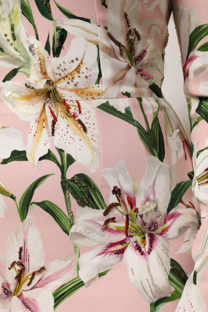 Dolce &amp; Gabbana Pink Lily Viskose-Etuikleid mit Stretch-Midi