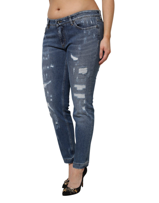 Dolce &amp; Gabbana – Blaue, zerfetzte Jeans aus Baumwolle mit niedriger Taille