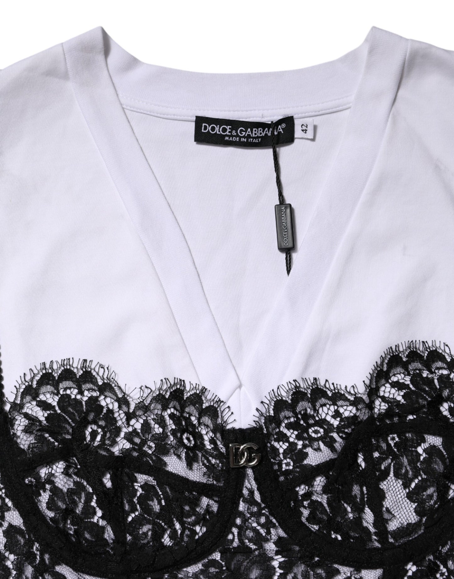 Dolce & Gabbana White Lace Cotton V-Neck Short Sleeves Top