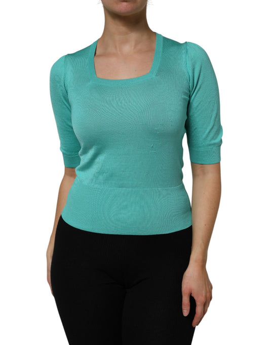 Dolce & Gabbana – Seidenoberteil mit kurzen Ärmeln und quadratischem Ausschnitt in Aquablau