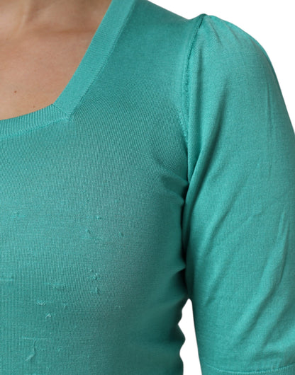 Dolce &amp; Gabbana – Seidenoberteil mit kurzen Ärmeln und quadratischem Ausschnitt in Aquablau