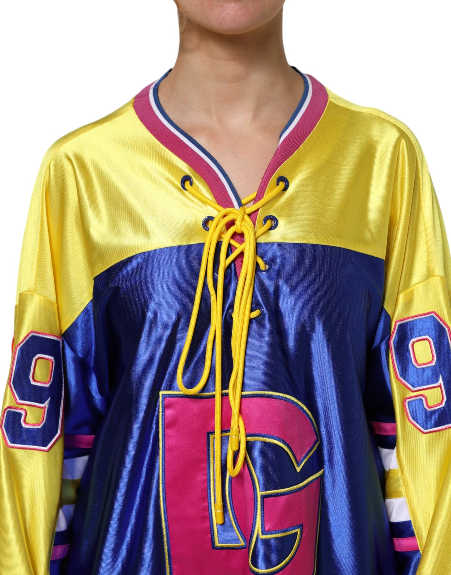 Dolce &amp; Gabbana – Mehrfarbiges Polyester-Oberteil mit langen Ärmeln und V-Ausschnitt