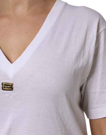 Dolce &amp; Gabbana – Weißes T-Shirt aus Baumwolle mit kurzen Ärmeln und V-Ausschnitt