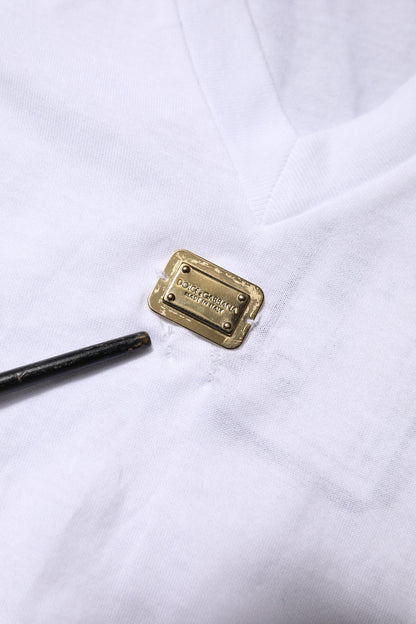 Dolce &amp; Gabbana – Weißes T-Shirt aus Baumwolle mit kurzen Ärmeln und V-Ausschnitt