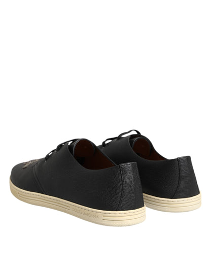 Dolce & Gabbana Black Leather Bee Crown Low Top Sneakers Shoes