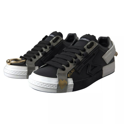 Dolce &amp; Gabbana Schwarze Leder Low Top Sneakers Portofino Schuhe