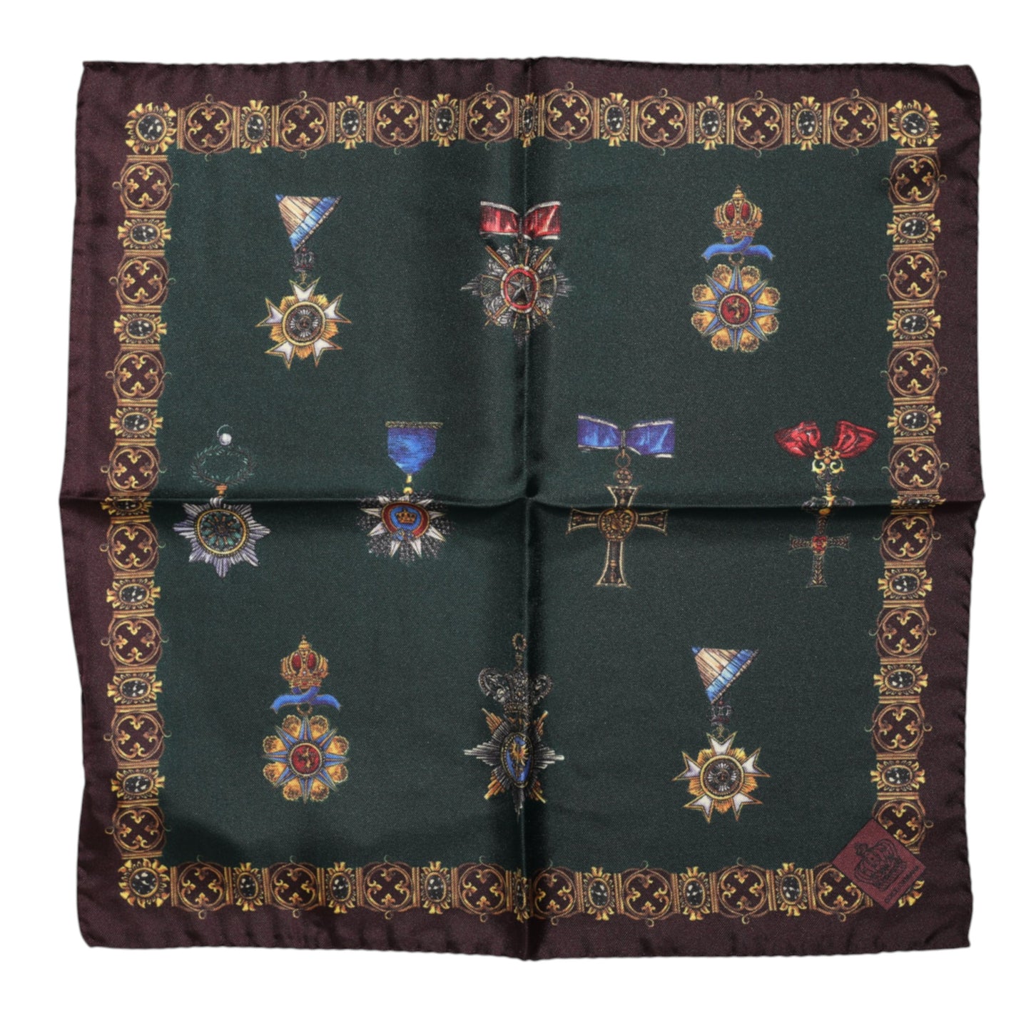 Dolce & Gabbana Green Medals Silk Square Foulard Scarf