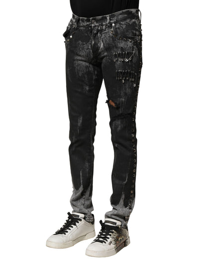 Dolce &amp; Gabbana – Schwarze, verwaschene Skinny-Jeans mit Verzierung