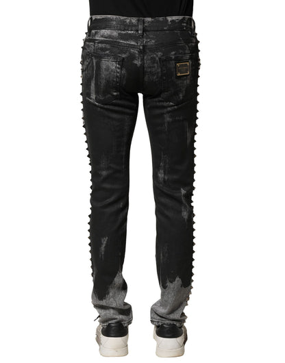 Dolce &amp; Gabbana – Schwarze, verwaschene Skinny-Jeans mit Verzierung
