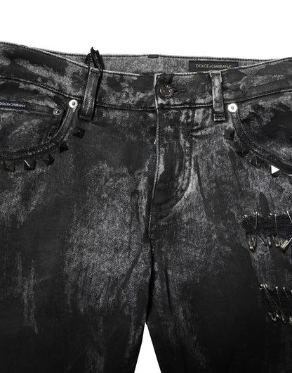 Dolce &amp; Gabbana – Schwarze, verwaschene Skinny-Jeans mit Verzierung