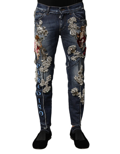 Dolce &amp; Gabbana – Blaue Jeans aus Baumwoll-Denim mit Strassverzierung