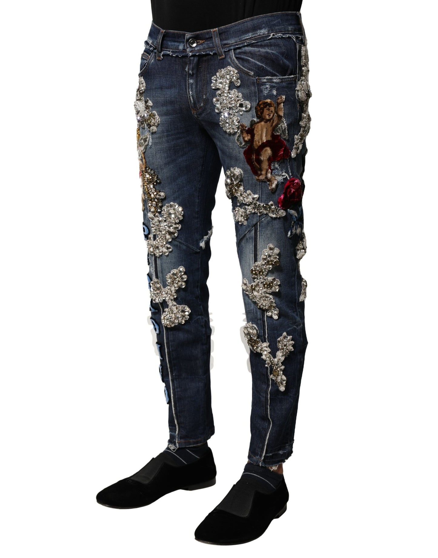 Dolce &amp; Gabbana – Blaue Jeans aus Baumwoll-Denim mit Strassverzierung